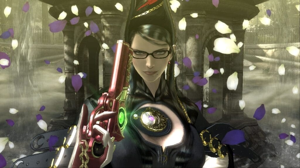 Bayonetta surrounded by rose petals.