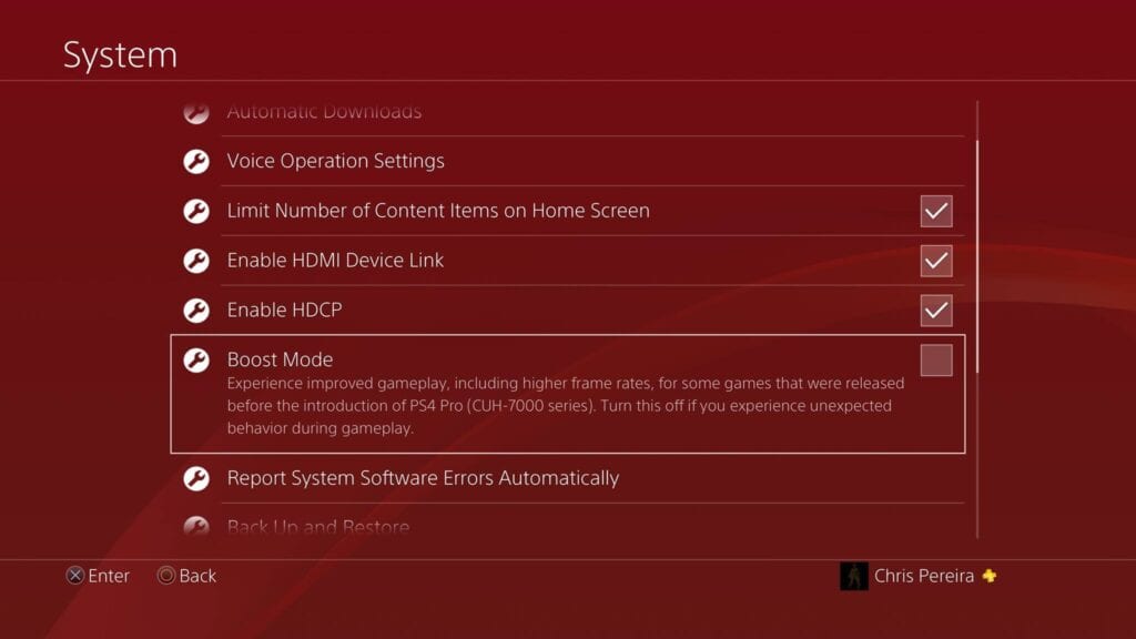 PS4 boost mode options