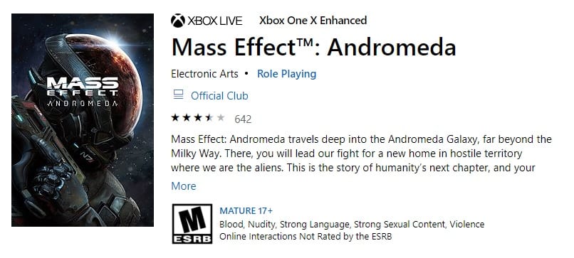 Mass Effect Andromeda Officially Listed As Xbox One X Enhanced