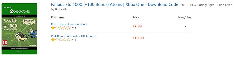 Fallout 76 Atoms Listed Way More Expensive For PS4 On Amazon UK